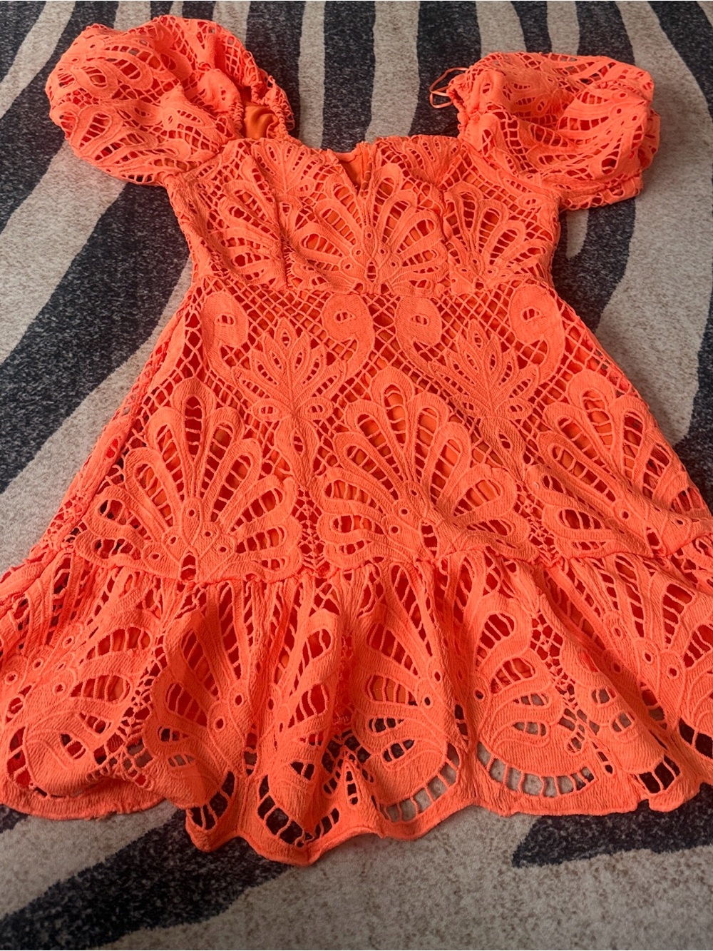 Fashion Nova Bright Orange Lace Puff Sleeve Dress